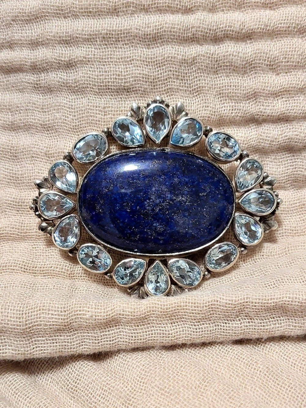 Silver Blue Stone Cabochon Brooch